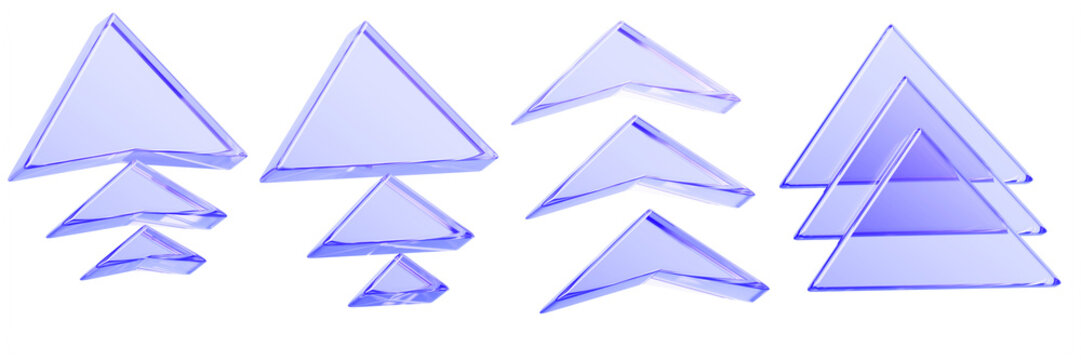 3d glass triple arrow set - blue transparent pointer up icon. Crystal direction symbols, triangle shapes overlay and speed effect. Abstract road signs, growth and way forward concept
