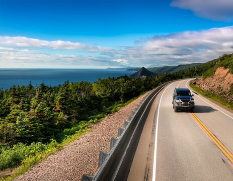 pickup driving the curves of cabot trail on the cape breton island nova scotia canada