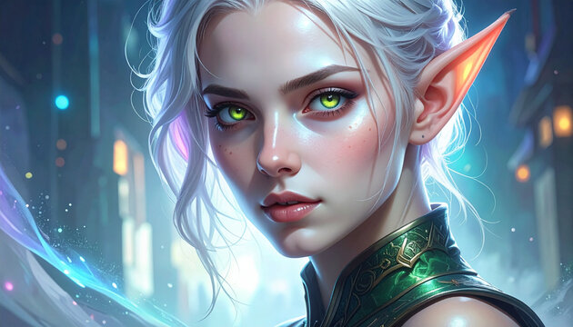 Fantasy elf with green eyes and pale skin
