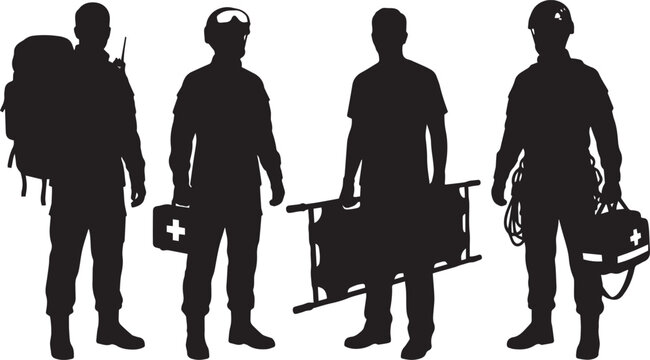 Silhouette of Rescue Team and Emergency Medical Personnel holding Gear