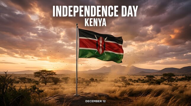 Independence day kenya text with kenyan flag in african savanna at sunset background.