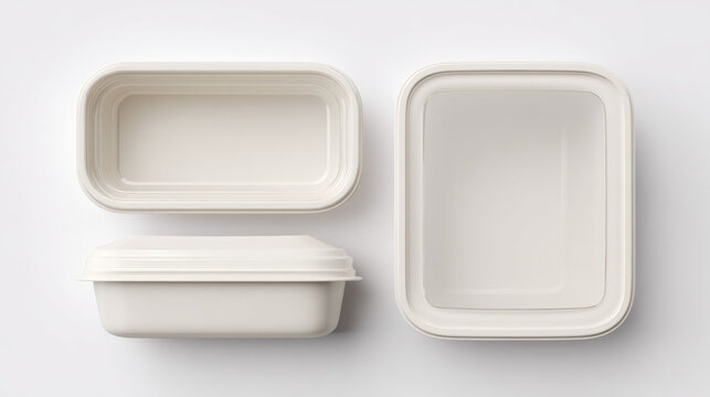 A microwave-safe food container set on a white background, minimalist composition, realistic plastic texture. 