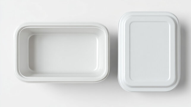 A microwave-safe food container set on a white background, minimalist composition, realistic plastic texture. 