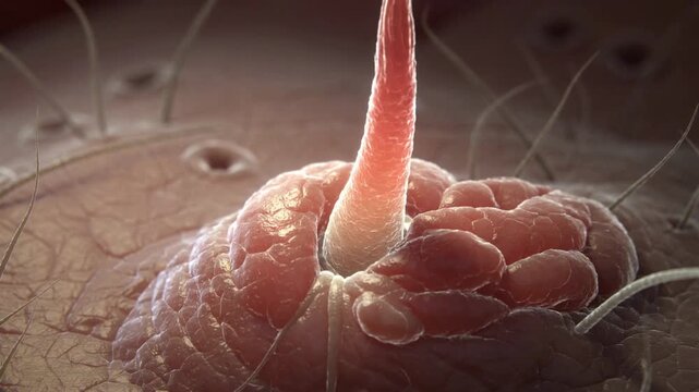 Extreme macro visualization of an inflamed hair follicle with surrounding skin irritation. Concept of dermatology, folliculitis, skin disorders, inflammation, infection, and medical education.
