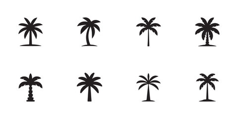 Collection of eight black palm tree icons, vector silhouettes for tropical, summer, and travel designs © KANIJ  FATAMA