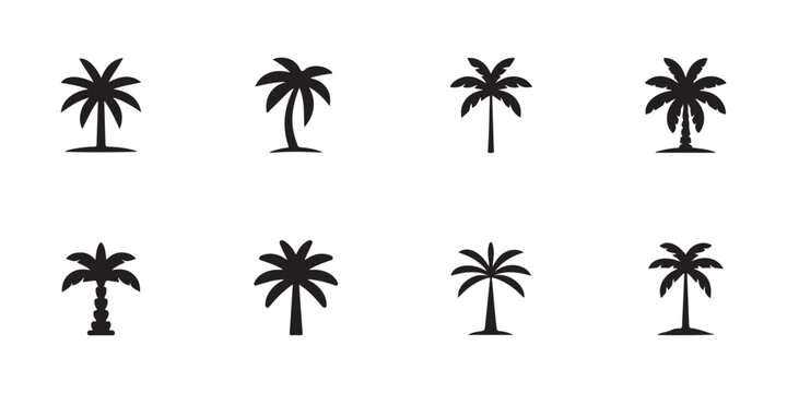 Collection of eight black palm tree icons, vector silhouettes for tropical, summer, and travel designs