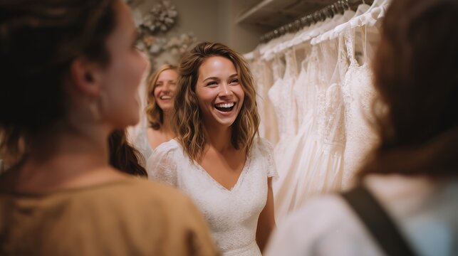 Bride laughs near dresses. Adult female in white dress smiles among white wedding gowns in boutique, joyful expression.