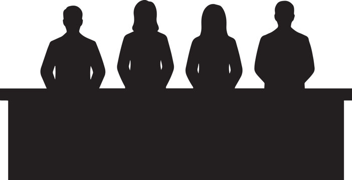 Silhouette of a professional panel of people sitting behind a long conference table