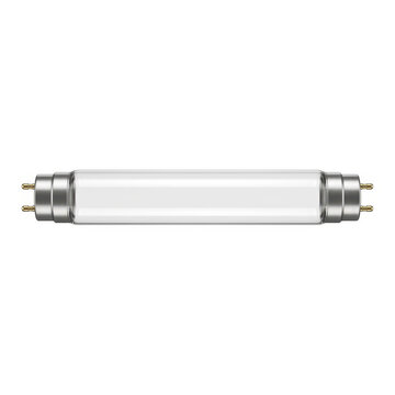 Linear fluorescent light tube with frosted glass and metal end caps on white background.