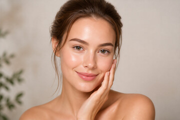 Fototapeta premium Young woman touching face with soft neutral background