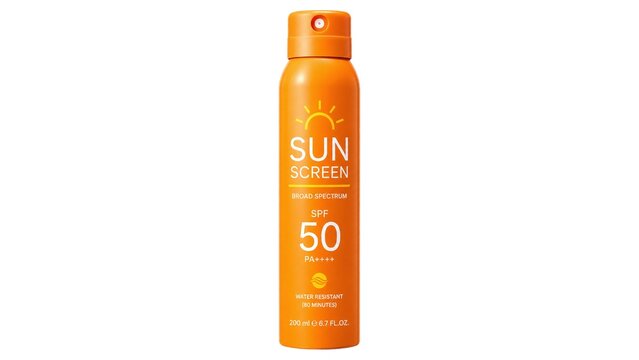 Orange SPF 50 Sunscreen Spray Bottle Isolated on White Background
