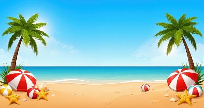 Beautiful horizontal banner design template with realistic summer elements on a beach background. Vector illustration
