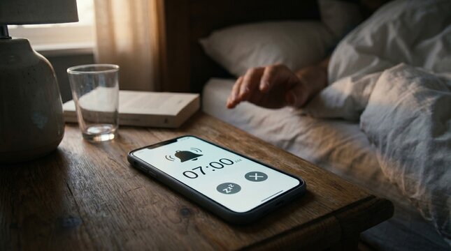 Person reaching for alarm clock on smartphone at 7 AM in bed morning light