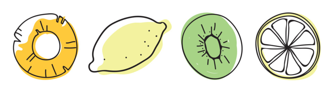 Vector illustration of pineapple, lemon, kiwi, and lime slices on a white background.