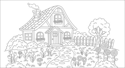 Naklejka premium Cottage coloring page vector line drawing book illustration for kids adults