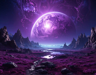 Surreal purple landscape with planet backdrop