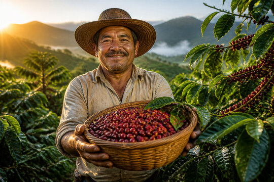 Male coffee picker holding basket of cherries on plantation at sunrise