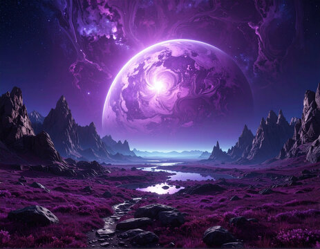 Surreal purple landscape with planet backdrop