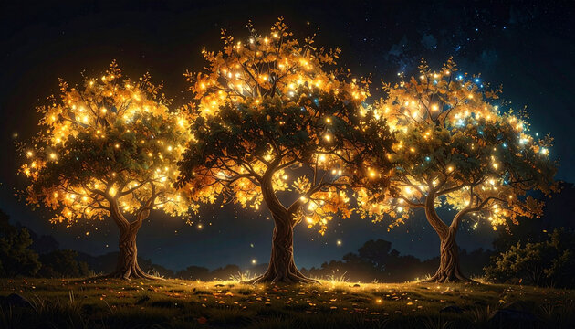 Three trees illuminated with string lights