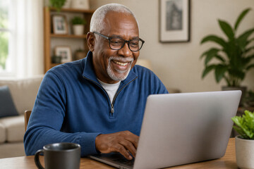 Fototapeta premium Senior man smiling and typing on laptop in home living room