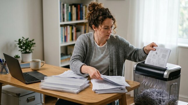 Woman shredding documents at home office desk with laptop and bookshelf in background