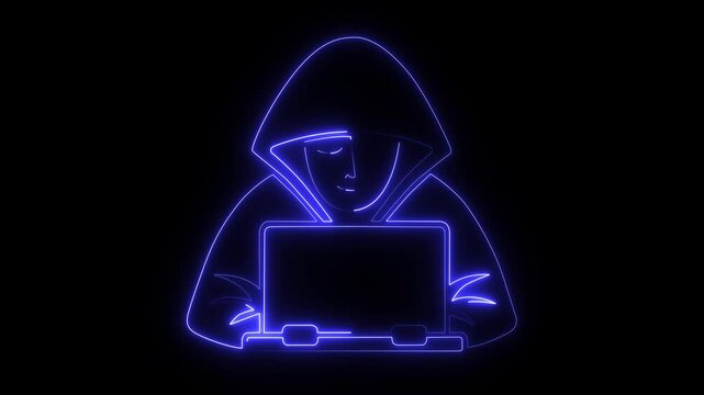 Hacker and laptop icon with glowing neon effect &ndash; Cybersecurity, digital hacking, and technology symbol. 4k video.