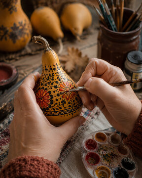 Person hands painting intricate floral patterns on dried gourd using fine brush and acrylic paints.