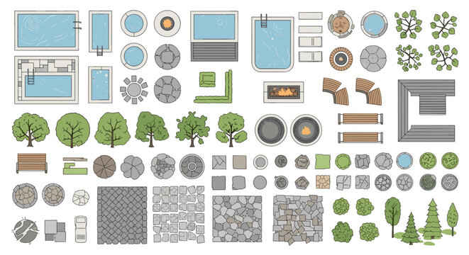 Landscape design elements collection featuring pools trees benches pathways stone paving and garden features set.