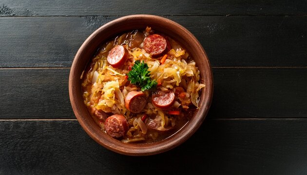 traditional polish bigos stew with kielbasa and cabbage in a rustic bowl on a dark table