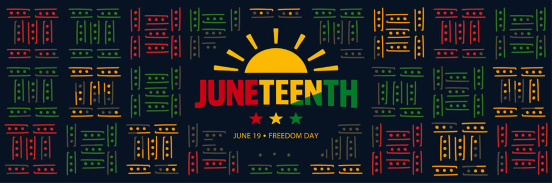 Juneteenth Freedom Day Horizontal Banner with African Geometric Pattern and Sunrise