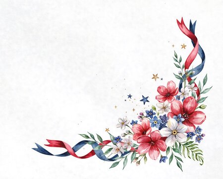 Patriotic floral border with red white and blue ribbon