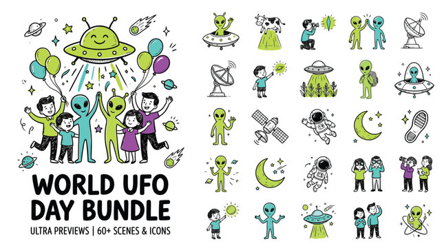 World UFO Day bundle with 60+ scenes and icons, cute alien and astronaut doodle vector set, outer space characters and flying saucer illustrations