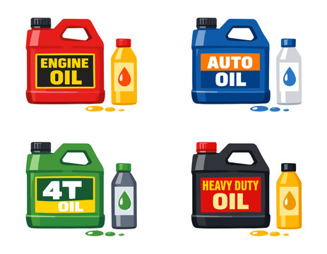 Collection of oil cans and small bottles with different colors and labels for auto care, engine, 4T, and heavy duty oils