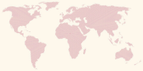 Fototapeta premium Red world map: abstract radial dotted pattern, geometric circles composition, vector illustration isolated