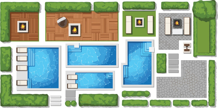 Modern backyard landscape design with swimming pools fire pits wooden decks and green hedges top view icons.