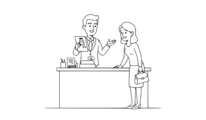 Fototapeta premium Cartoon salesperson assisting customer at counter thin line vector illustration retail service concept isolated on white