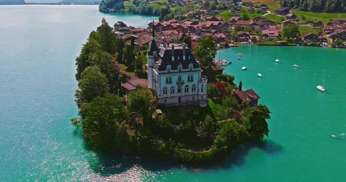Aerial view of Iseltwald on Interlaken lake in Switzerland. Beautiful Swiss nature