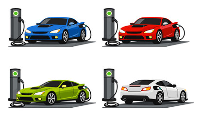 Naklejka premium Electric vehicles in various colors plugging into charging stations, representing renewable power, ecological automotive industry, and future mobility