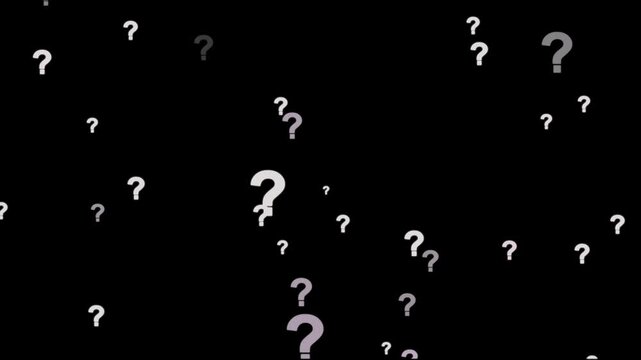 Animation of a lot of white question mark moving on black screen background motion graphic effects. Question mark in motion pattern animation.Question mark sign animation. White question marks falling