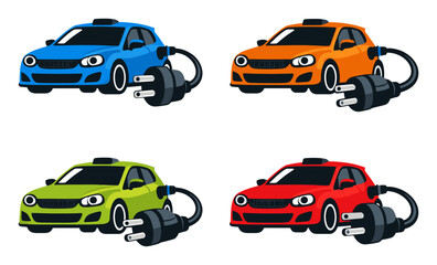 Fototapeta premium Electric vehicles in various colors plugging into a power source, symbolizing green energy, eco-friendly transport, and sustainable mobility
