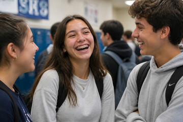 Obraz premium Teen students laughing together in school hallway near lockers