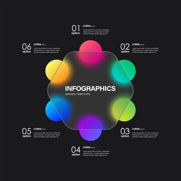 Glass morph infographic design template featuring a transparent hexagon and vibrant circular accent elements