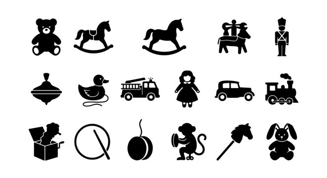 Retro Toy Icons Set, Vintage Playthings Collection, Classic Childhood Objects Vector Graphics, Black and White Graphics