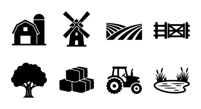 Farm Icons Set: Barn, Windmill, Tractor, Hay Bales, Tree, Pond, Fields, Fence, Rural Vector Graphics