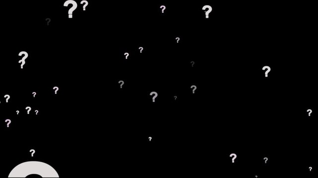 Animation of a lot of white question mark moving on black screen background motion graphic effects. Question mark in motion pattern animation.Question mark sign animation. White question marks falling