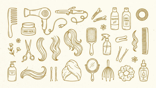 Hair Care and Styling Tools Line Art Doodle Set with Dryer Curling Iron Comb Brush Shampoo Scissors Mirror and Accessories