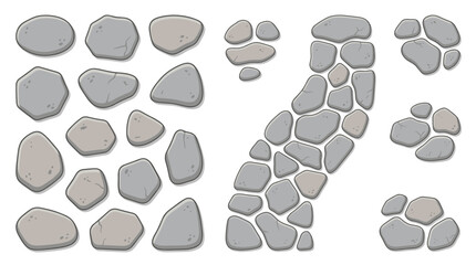 Fototapeta premium Set of scattered gray stones and rock path components for garden landscape design and outdoor floor decoration.