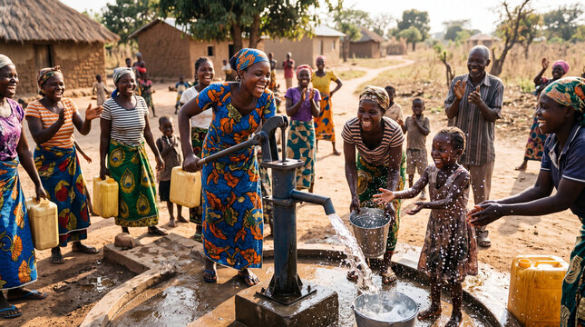 Joyful African Women and Children Fetching Water from a Manual Pump in a Village