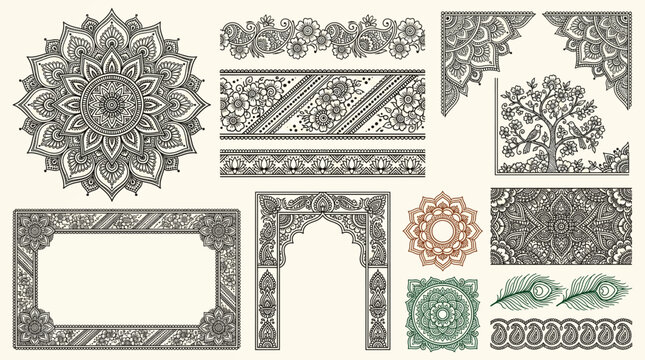 Indian Mandala Mehndi Henna Sacred Decorative Border Frame Set Vector South Asian Wedding Boho Spiritual Yoga Invitation Clipart EPS Isolated White