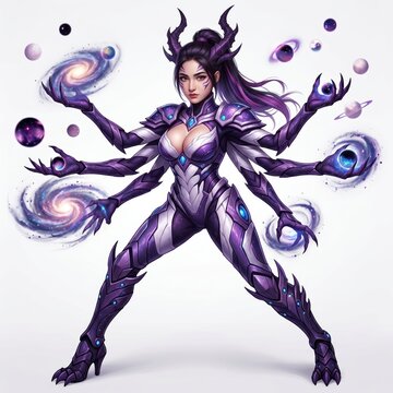 Fantasy Multi-Armed Goddess Woman in Purple Armor with Horns and Magical Orb Effects